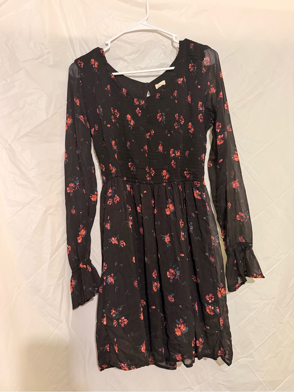 Hollister Black Floral Long-Sleeve Smocked Dress